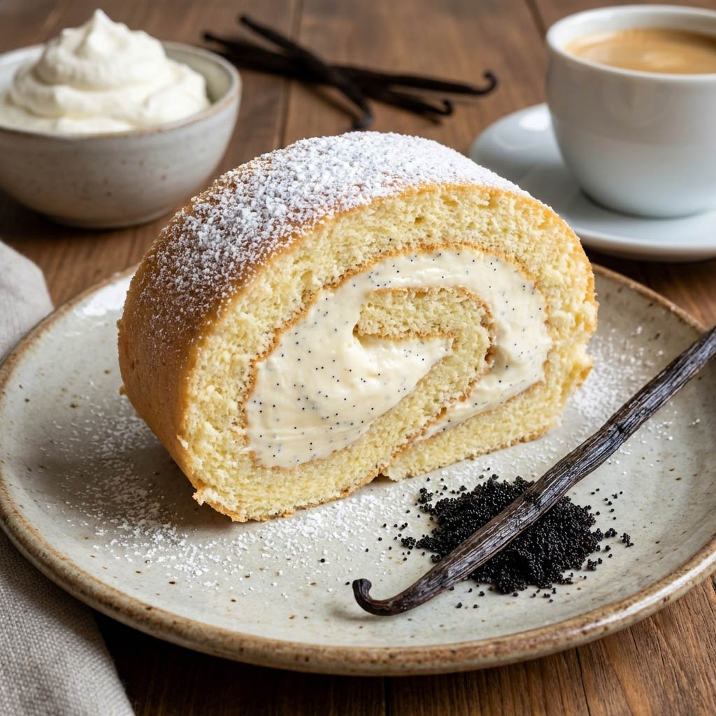 Rezept: Vanille-Biskuitrolle mit mascarponegefüllter Vanillecreme – luftig-leichtes Festtagsdessert