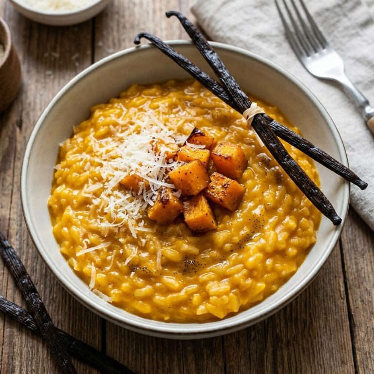 Kürbisrisotto mit Parmesan und Uganda-Vanille Kürbisrisotto mit Parmesan und Uganda-Vanille