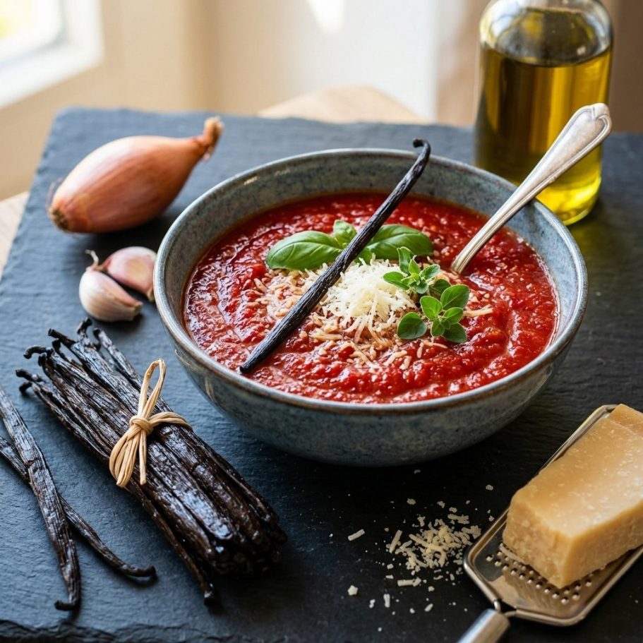 Vanille-Tomatensoße mit echter Uganda Vanille & Parmesan Vanille-Tomatensoße mit echter Uganda Vanille & Parmesan