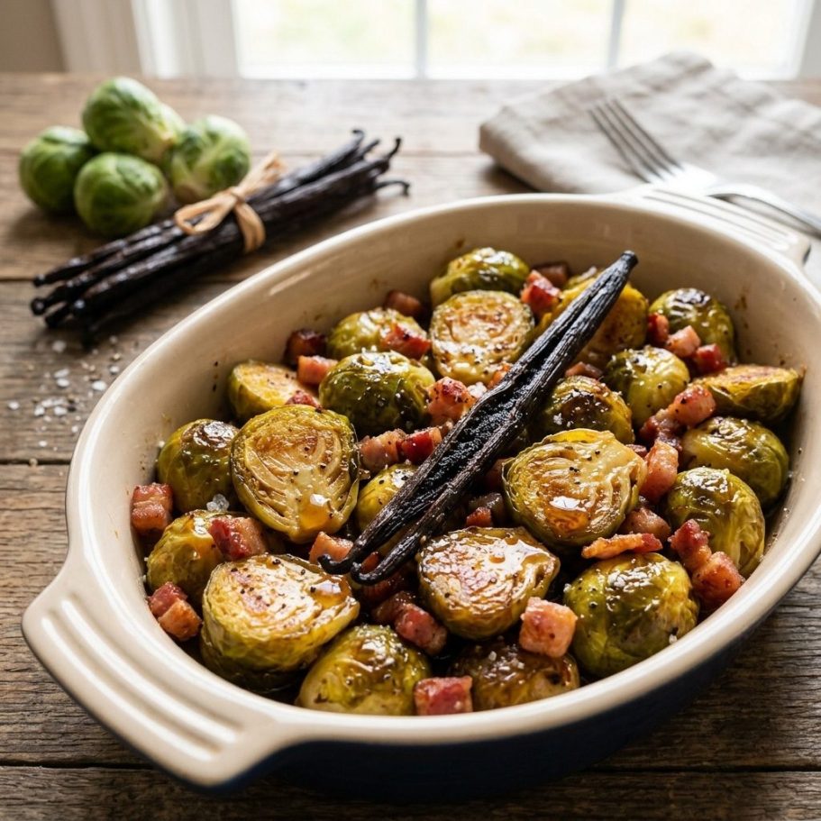 Rosenkohl mit Speck aus dem Ofen mit Uganda Vanille Rosenkohl mit Speck aus dem Ofen mit Uganda Vanille